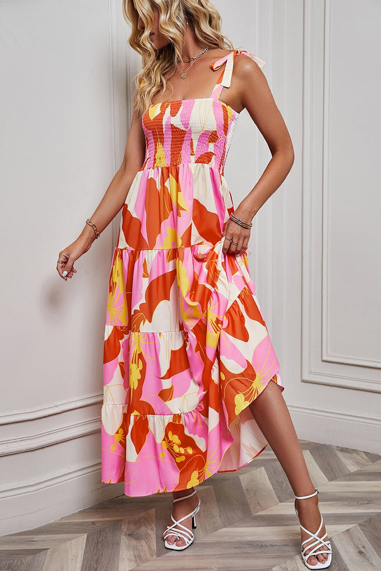 Robe Midi Tropicale à Bretelles Nouées